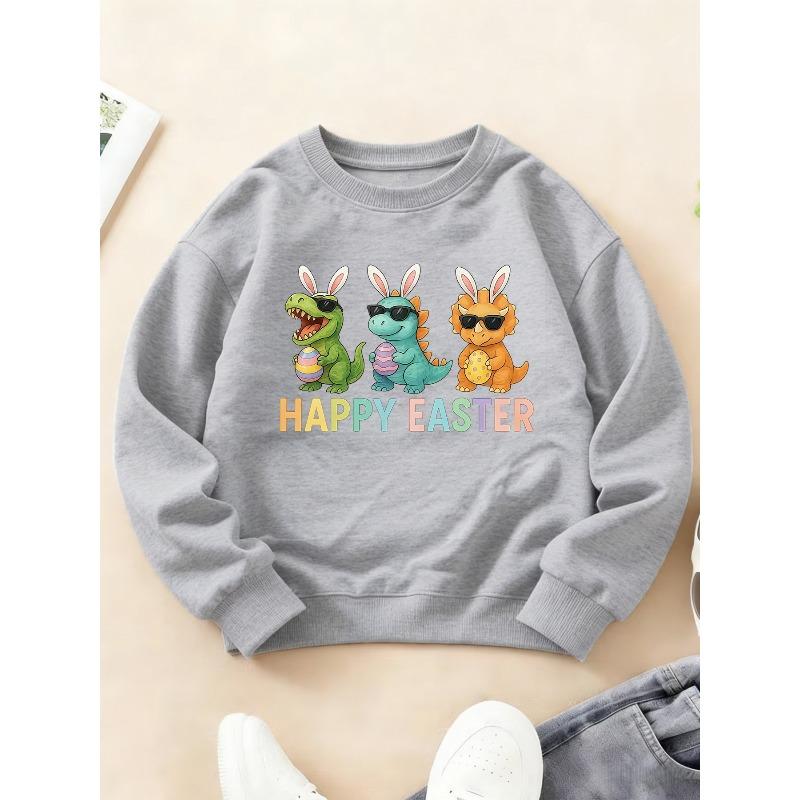 Kids Crewneck Sweatshirt, Fun Easter Print with Dinosaur & Rabbit Long Sleeve Top for Autumn Winter
