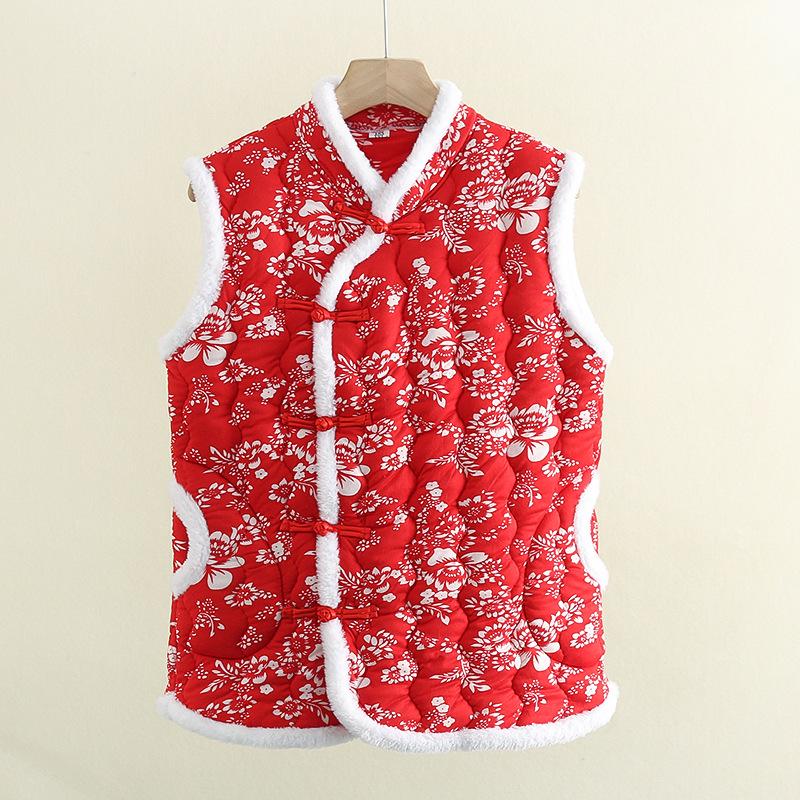 Damska pikowana kamizelka bawełniana z kwiatowym wzorem i guzikami w kształcie żabki - Ciepła bezrękawnikowa odzież wierzchnia na jesień/zimę