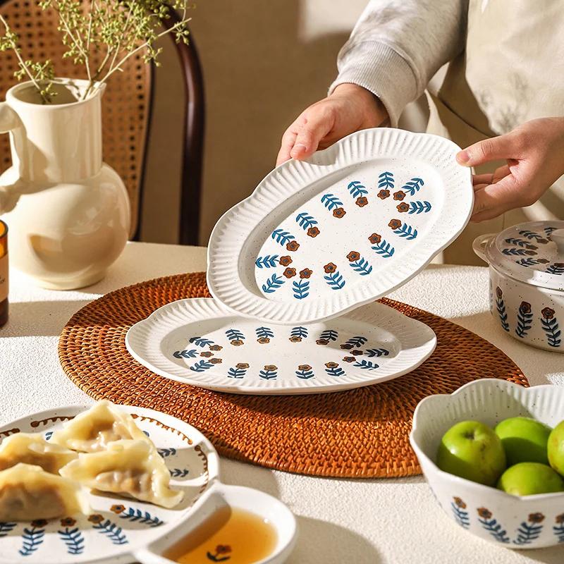 Retro Small Flowers Ceramic Plate High End Household Rice Bowls Exquisite Dumpling Plates Delicious Restaurant Dishes Soup Bowl