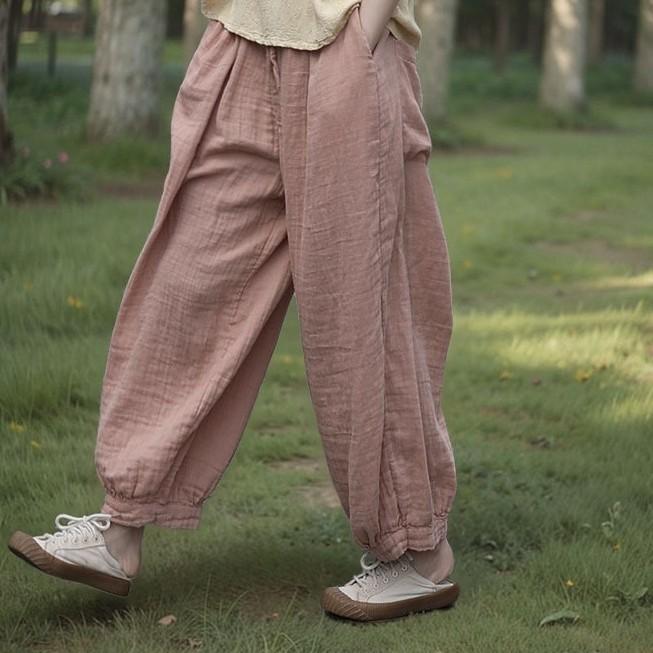 Johnature Pantaloni Larghi Vintage da Donna Primavera Vita Elastica Morbidi Larghi Pantaloni Monocolore Tasche Pantaloni Femminili