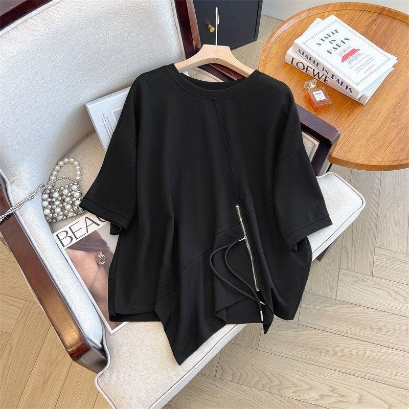 Round Neck Irregular Zipper Slit Top for Women with Summer Temperament