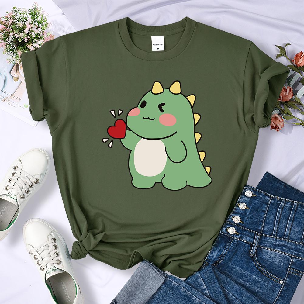 Cute Little Dinosaur Confesses Love Printing Tops Womens Soft Street T-Shirts Sport Hip Hop Tees Clothing Casual Short Sleeve