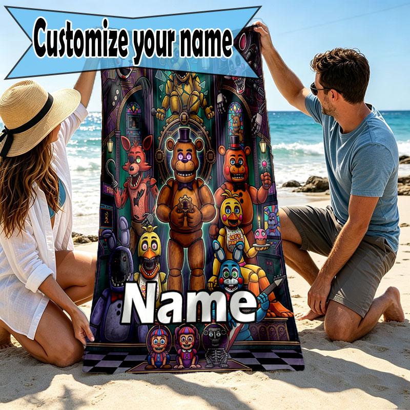 Personlig tilpasset strandhåndkle med navn, Five Nights at Freddy's-trykk, for reise, camping, strandfest, hjemmedekor, bursdagsgave til familie og venner