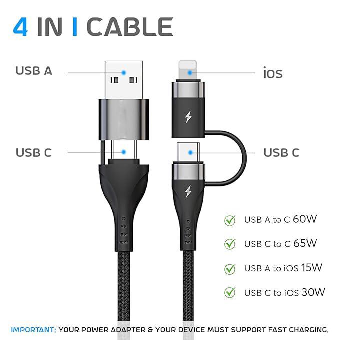 Kabel USB pro rychlé nabíjení 4 v 1, kompatibilní s 65W Type C na Type C, 60W USB B0CNVM55PQ