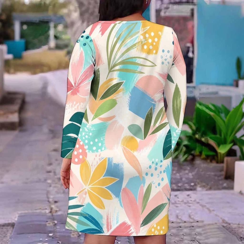 Women Plus Size V Neck Long Sleeve Printed Fitted Straight Midi Dress