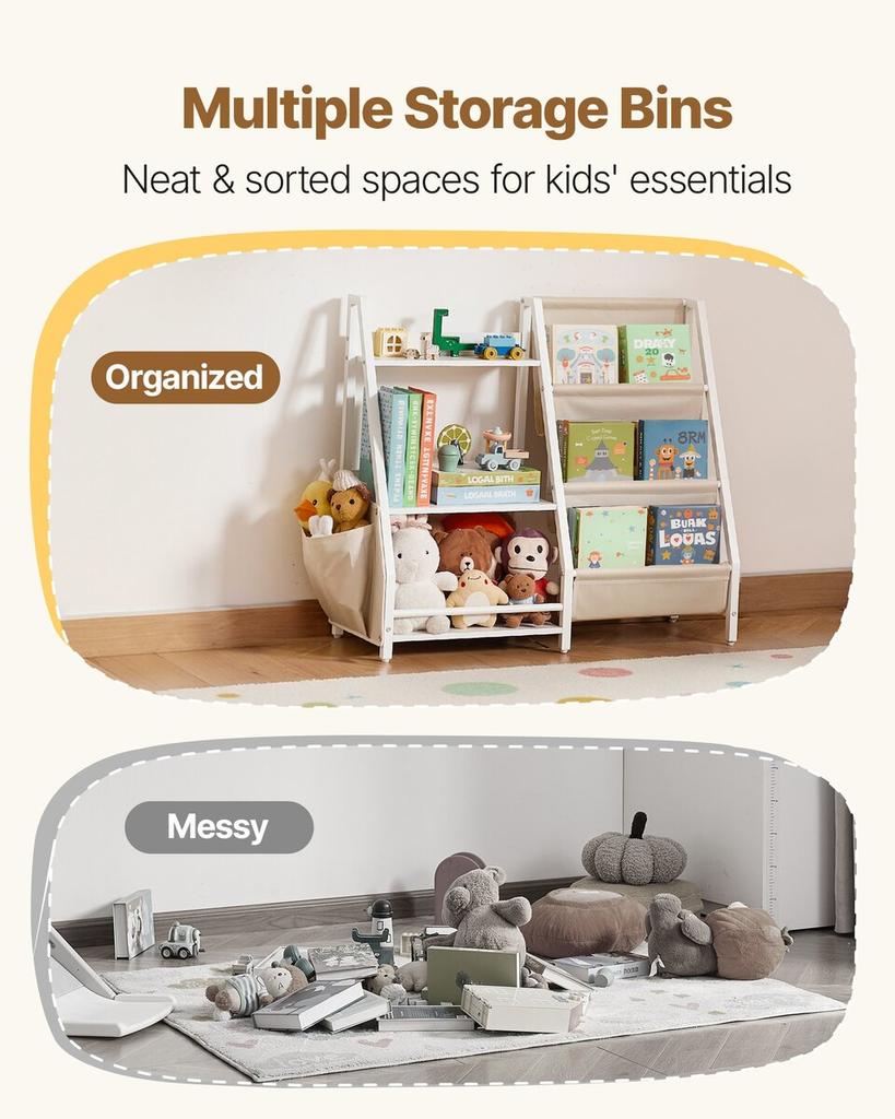 3-Tier Kids Bookshelf, Toy Storage Organizer for Toddler, Book Shelf for Kids Rooms with Sling Book Rack and Storage Bag, Kids Storage Book Shelves