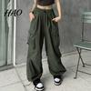 Women Cargo Pants Hip Hop Baggy Solid Color Multi Pockets Lady Trousers Elastic Waist Match Top Loose Breathable Clothes