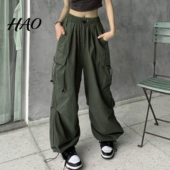 Women Cargo Pants Hip Hop Baggy Solid Color Multi Pockets Lady Trousers Elastic Waist Match Top Loose Breathable Clothes