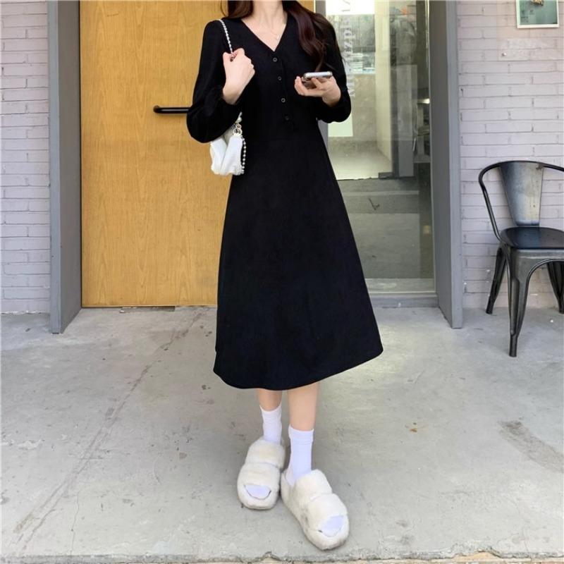 Women's Spring French Style Retro V-neck Strap Waist Slimming Quality Corduroy Dress