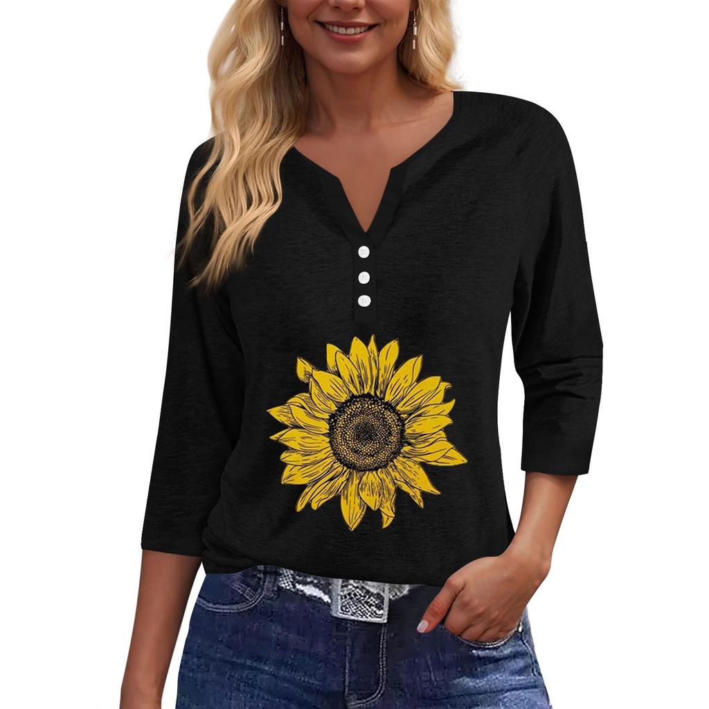 Dámské tričko Tričko Potisk knoflíku 3/4 rukáv Denní víkendová móda Basic Top s výstřihem do V