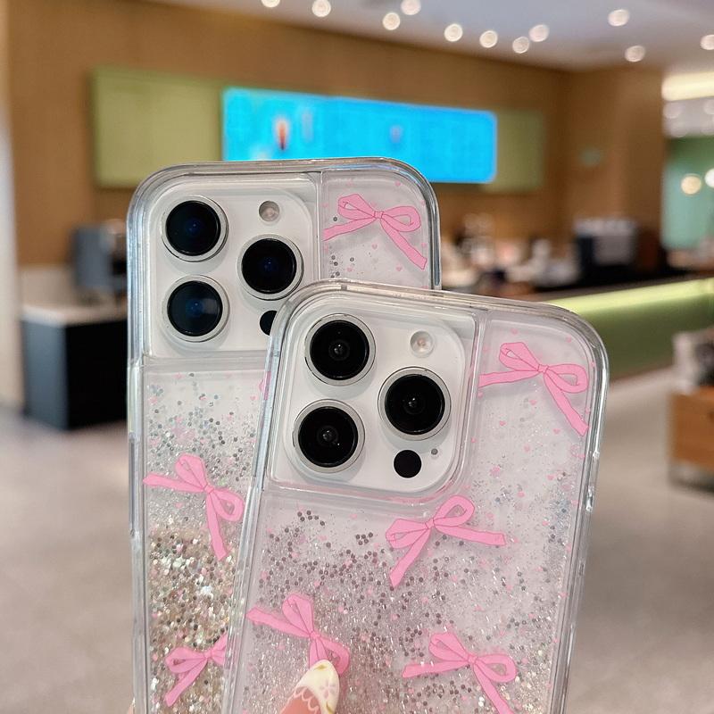 Glitzernde transparente Anti-Fall-Hülle mit rosa Schleifenmuster für iPhone 16 Pro Max 15 Plus 14 Pro 13 12 11 Weiche stoßfeste Silikon-Handyhülle