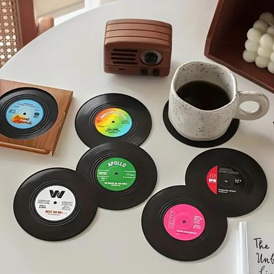 6/12 uds. Posavasos Vintage para Taza Posavasos Coloridos de Disco de Vinilo Retro Cojín Circular Decoración de Mesa de Café Posavasos con Aislamiento Térmico