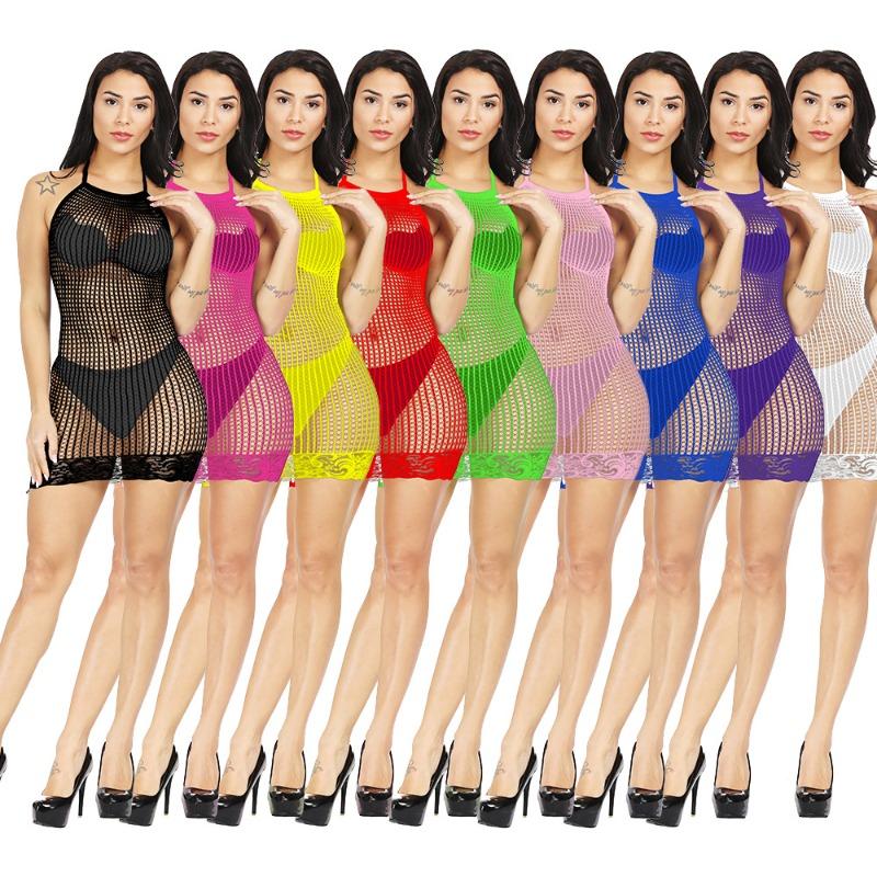 Sexy Neck Lingerie Women's Hollowed-out Tight Mesh, Burst Breasts, Perspective Hip Skirt, Uniform Temptation