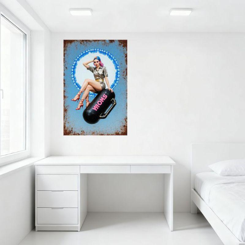Sexy Retro-Futuristic Woman with Blue Pink Hair Tin Sign, Metallic Silver Dress & Red Heels, Rusty Metal Wall Decor for Bar Pub