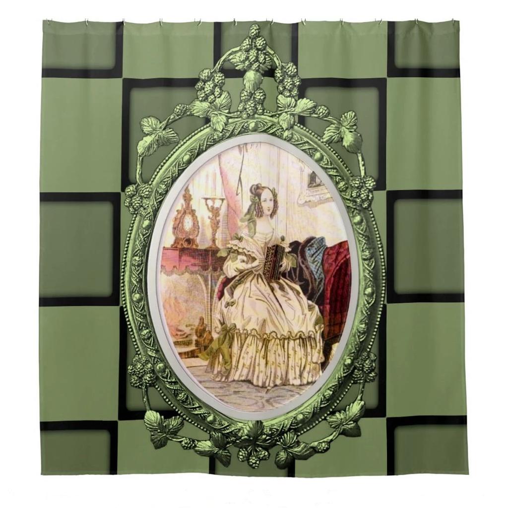 Victorian Shower Curtain Ladies Clothes History Dress Handbag Feather Gloves Floral Design Baroque Bathroom Curtains With Hooks