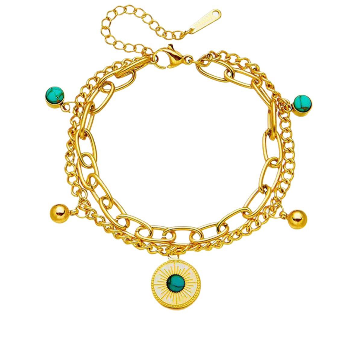 Gold Plated Stainless Steel Double Layer Turquoise Sunburst Charm Bracelet