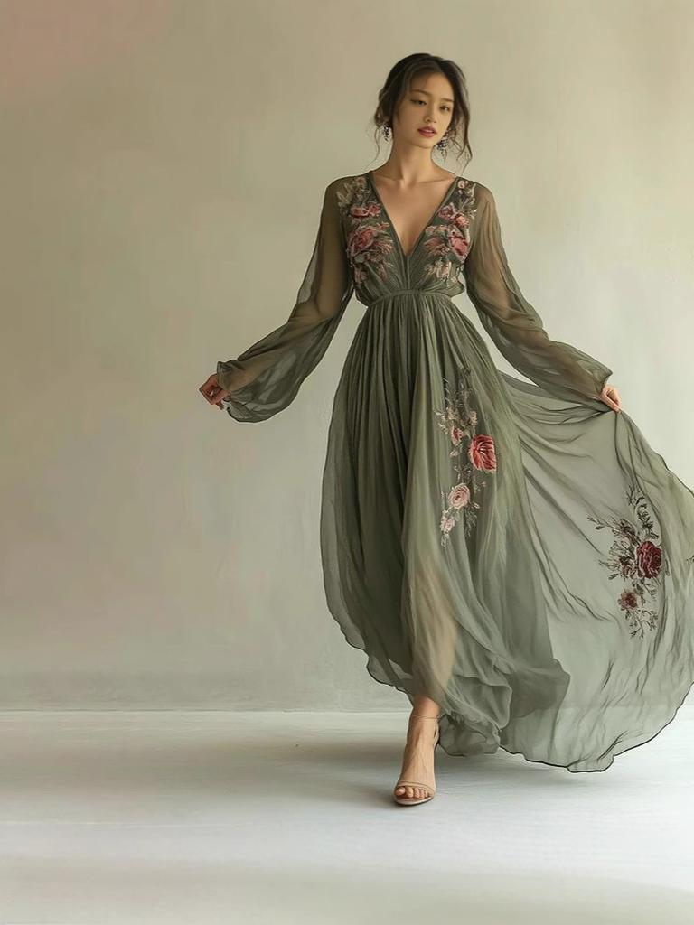 Women's Digital Printed Long Sleeve V-Neck Maxi Dress