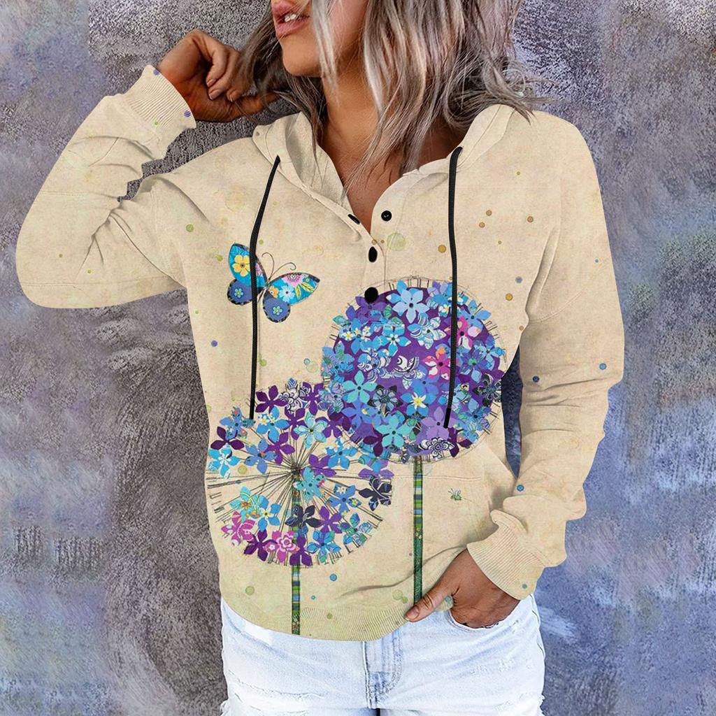 Dámská ležérní móda svetr s dlouhým rukávem a kapucí s květinovým potiskem