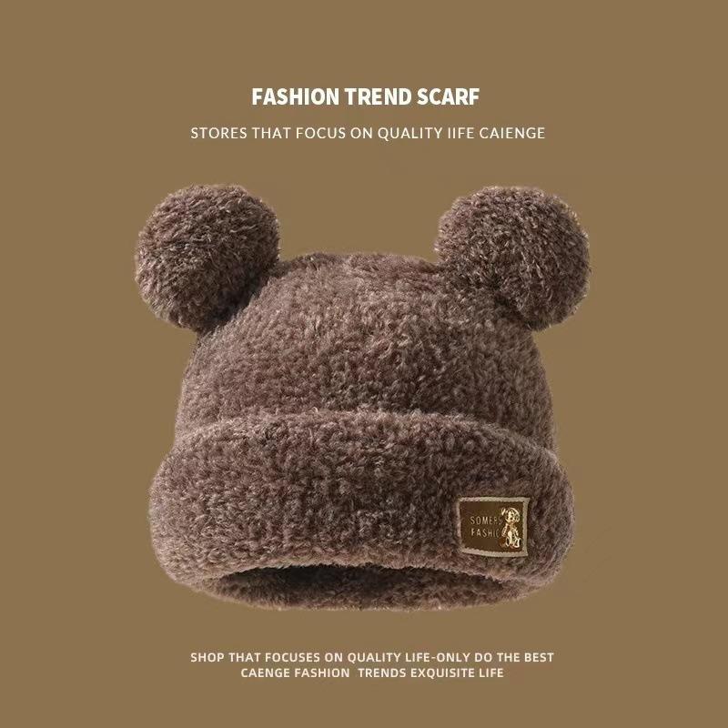 New cute bear series knitted hat children autumn and winter soft waxy plush big head circumference warm bag head wool hat