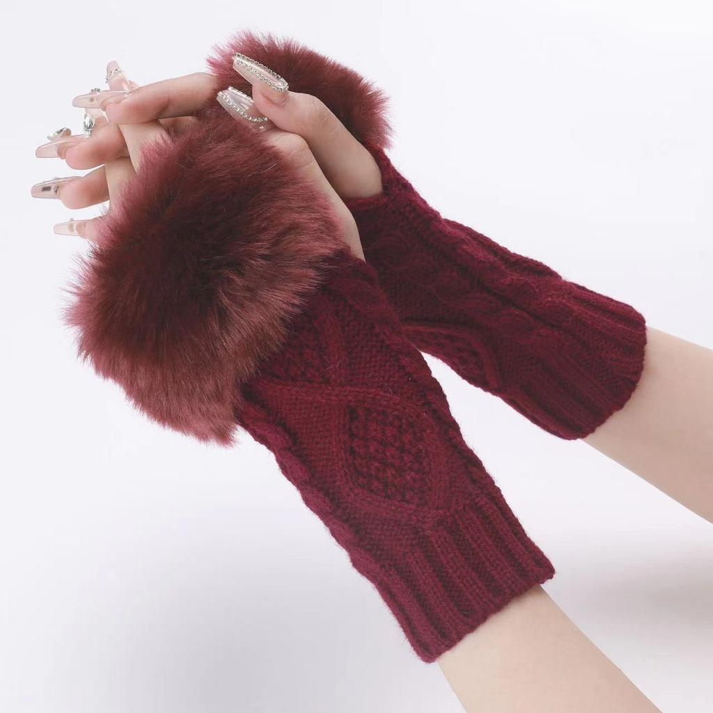 Diamond-shaped Short Woolen Gloves New Fall and Winter Woolen Sleeve Cover Female False Sleeve Knitted Warm Finger Open Wrist Arm Sleeve
