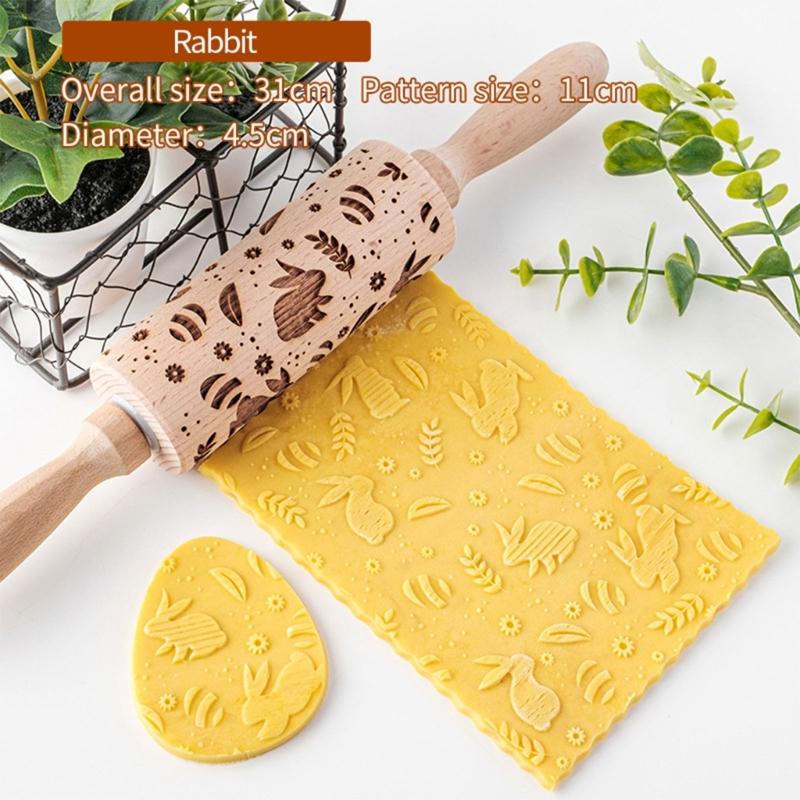 Easter Pattern Rolling Pin Rabbits Carrot Engraved Solid Wood Embossed Cookie Rolling Pin Pastry Dough Flour Roller