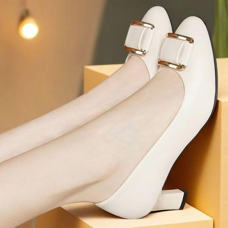 

Middle heel women s single shoes comfortable non-slip work shoes thick heel shallow mouth versatile women s leather shoes 40