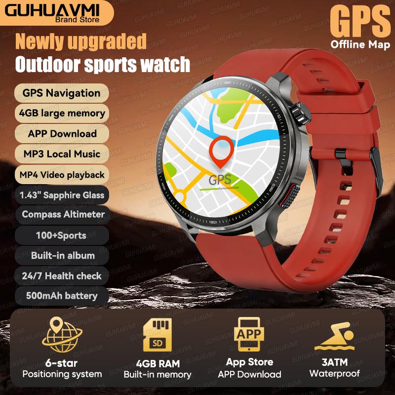 New Outdoor GPS Offline Map Sports Smart Watch Compass Altimeter 4GB Memory Video Music Playback Waterproof Smartwatch Men
