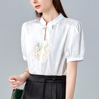 Chinese Style Short-sleeved Shirt for Women New Women's Stand-up Collar Embroidered Chiffon Shirt New Chinese Top