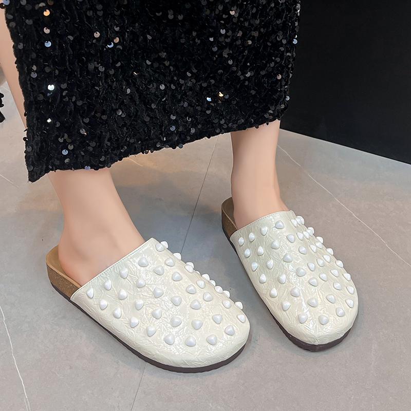 Fashion Low Heel Flat Bottom Baotou Breathable Slippers Women's Summer New Round Toe Shallow Rivet Lazy Slip-on Slip-on Shoes