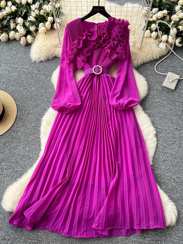 Vestido Elegante de Moda Primavera Outono para Mulheres Novo Francês Borda Cogumelo Crimpado Solto Chiffon Manga Longa Vestido Longo
