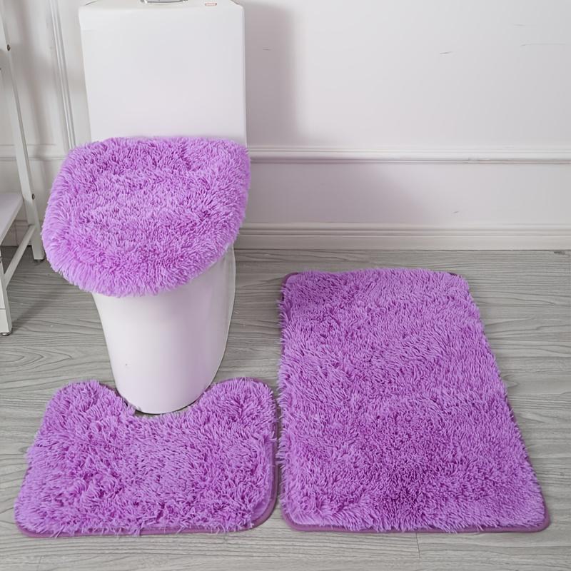 3pcs Set of Fluffy Super Soft Non-Slip Bathroom Mats, Polyester Material Solid Color Velvet Bath Rug Suitable for Bathtub, Shower and Toilet