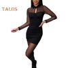 Women Dress Hollow Out Mesh Patchwork Slim Fit Sheath Mini Dress Fake Two-piece Turn-down Collar Elastic Short Dress for Club Party Prom