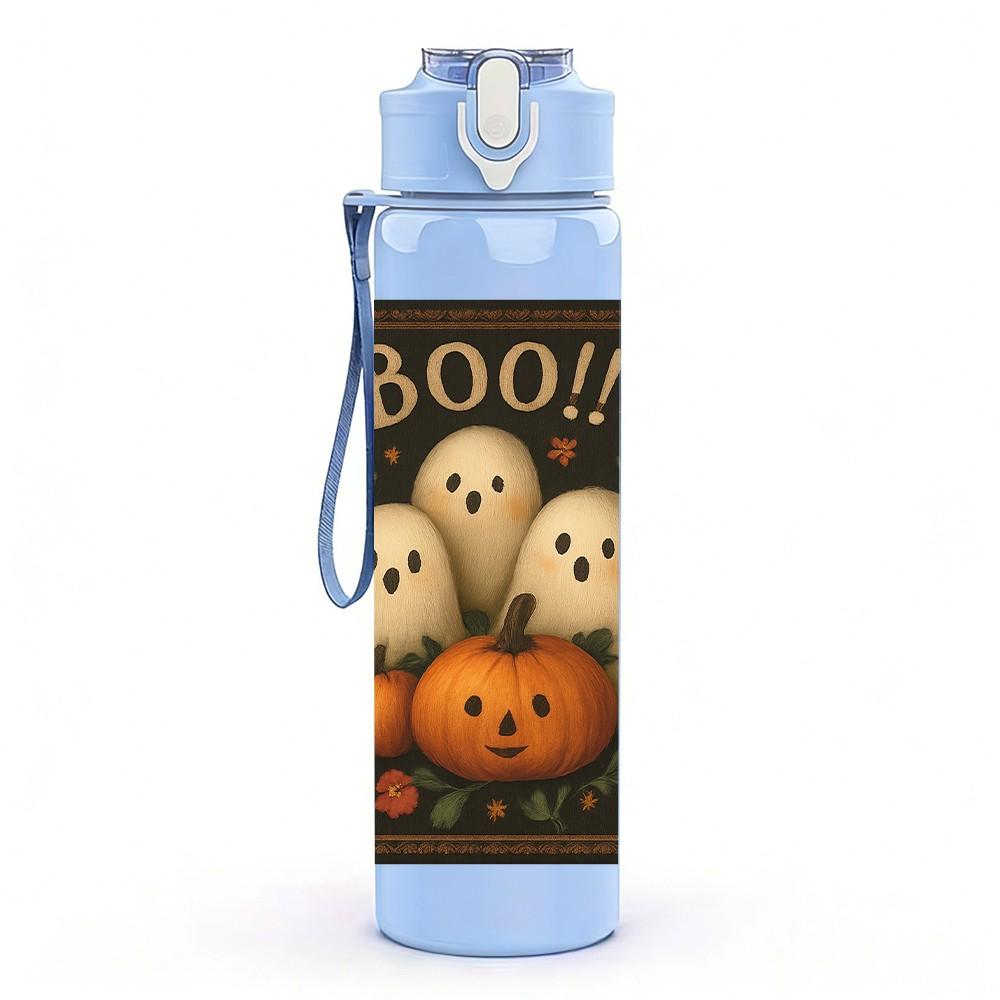 1PC Ghost Pumpkin Halloween Print 750ml Color Plastic Sports Water Bottle Leakproof Flip Straw Lid Suitable for Sports Office Home Use