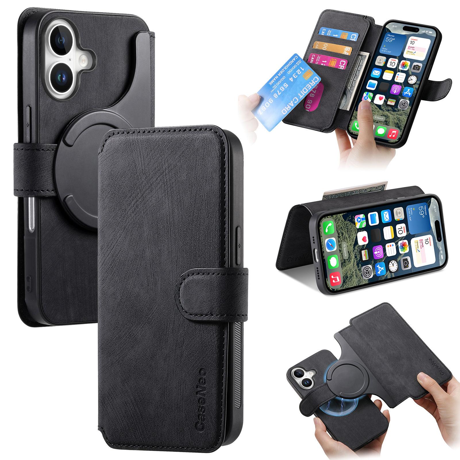 

For iPhone 16 Plus Magnetic Case CASENEO Detachable Leather Phone Wallet Cover Black
