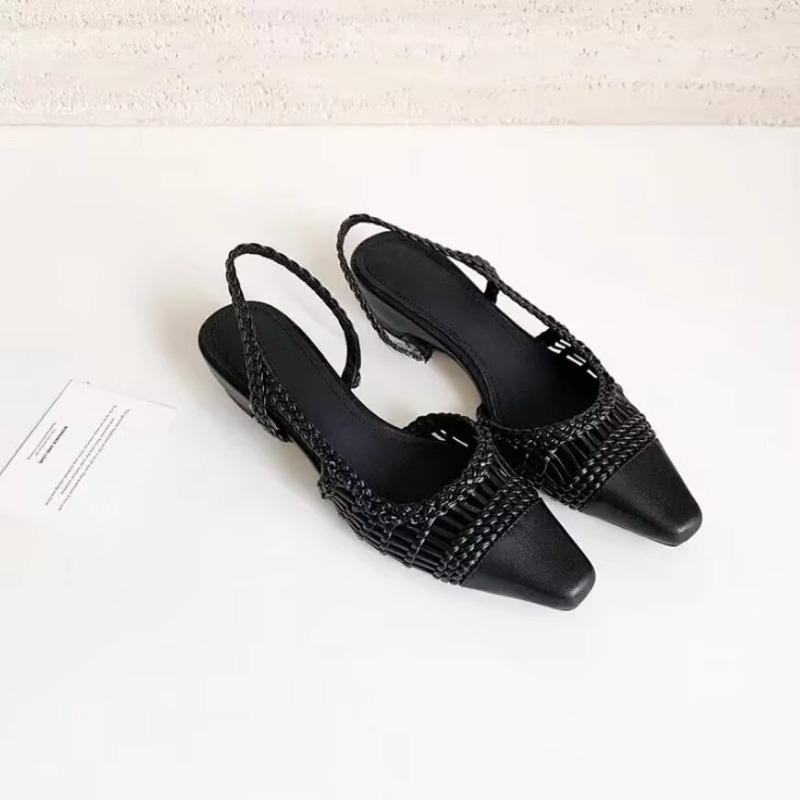 Sheepskin retro style pointed head color matching hollow woven high-heeled sandals women's summer buckle strap bag head shoes
