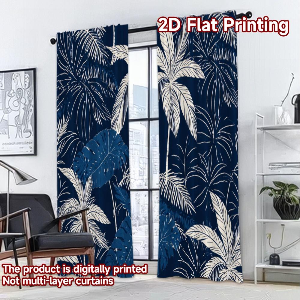 2D FLAT PRINTING 2pcs Curtains (Without Rod) Blue Tropical Leaves Pattern Modern Creative Curtains Yarn Curtains Decorations For