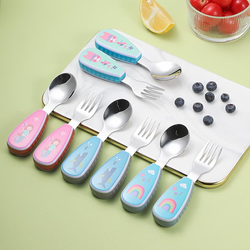 304 Stainless Steel Kids' Cartoon Cutlery Set - Short Handle Spoon & Fork for Baby Training