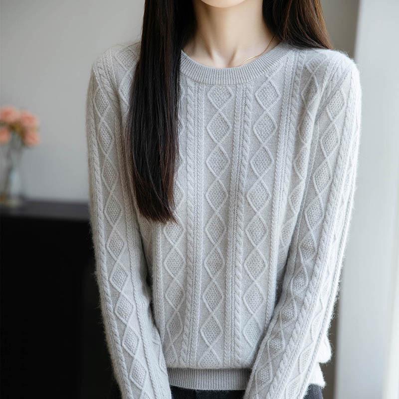 Australian Women's Retro Loose Wool Sweater - Diamond Cable Knit, Round Neck, 100% Pure Thick Wool, Autumn/Winter Collection