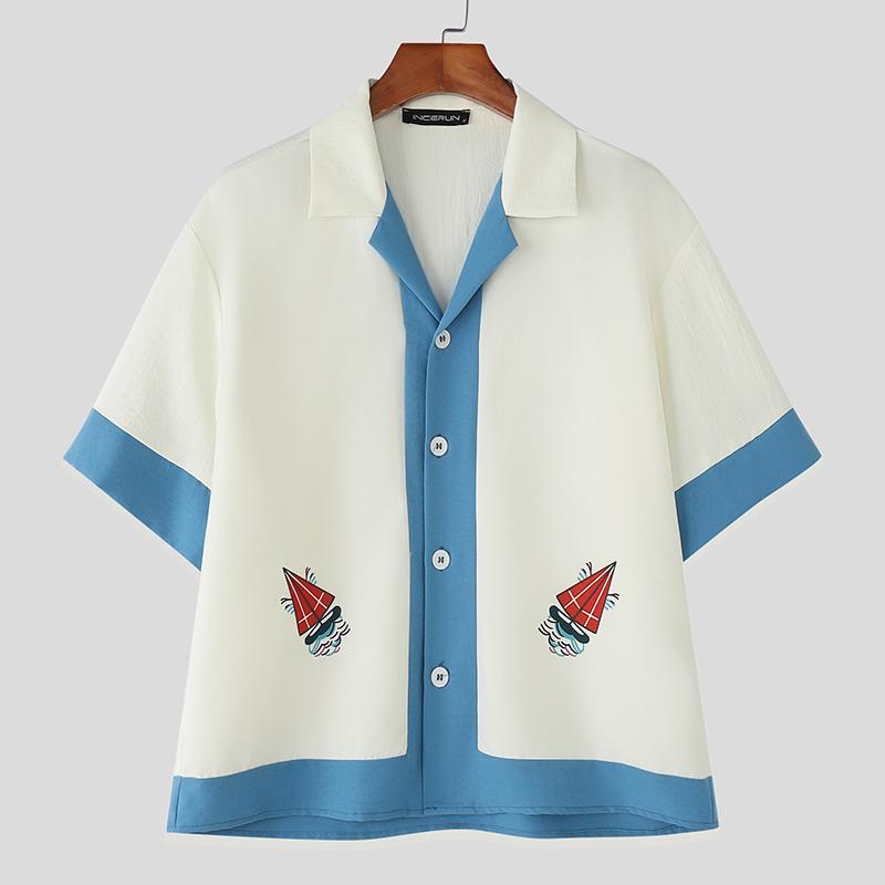 

INCERUN Летние мужские рубашки с лацканами, коротким рукавом, принтом со швами, повседневные, праздничные, оверсайз 3XL синий