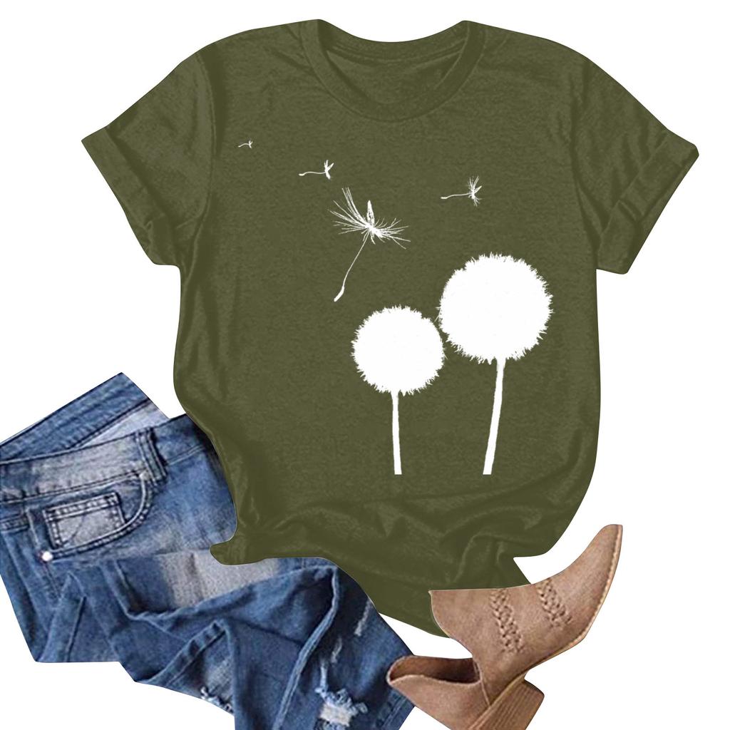 Women's Cute Printed Short Sleeve Round Neck Front Shoulder Vintage Short Sleeve Summer Loose Shirt Top