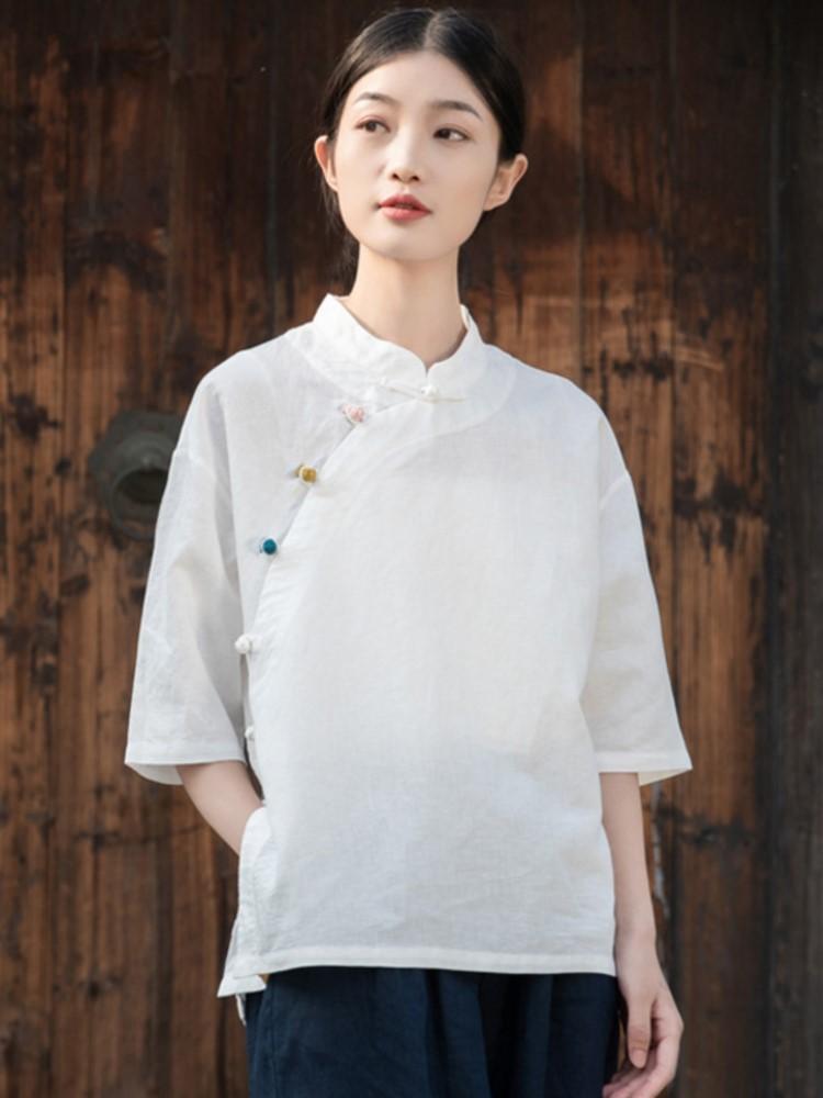 Johnature Women Chinese Style Shirts Tops Solid Color Button Short Sleeve Stand Blouses Summer Vintage Shirts