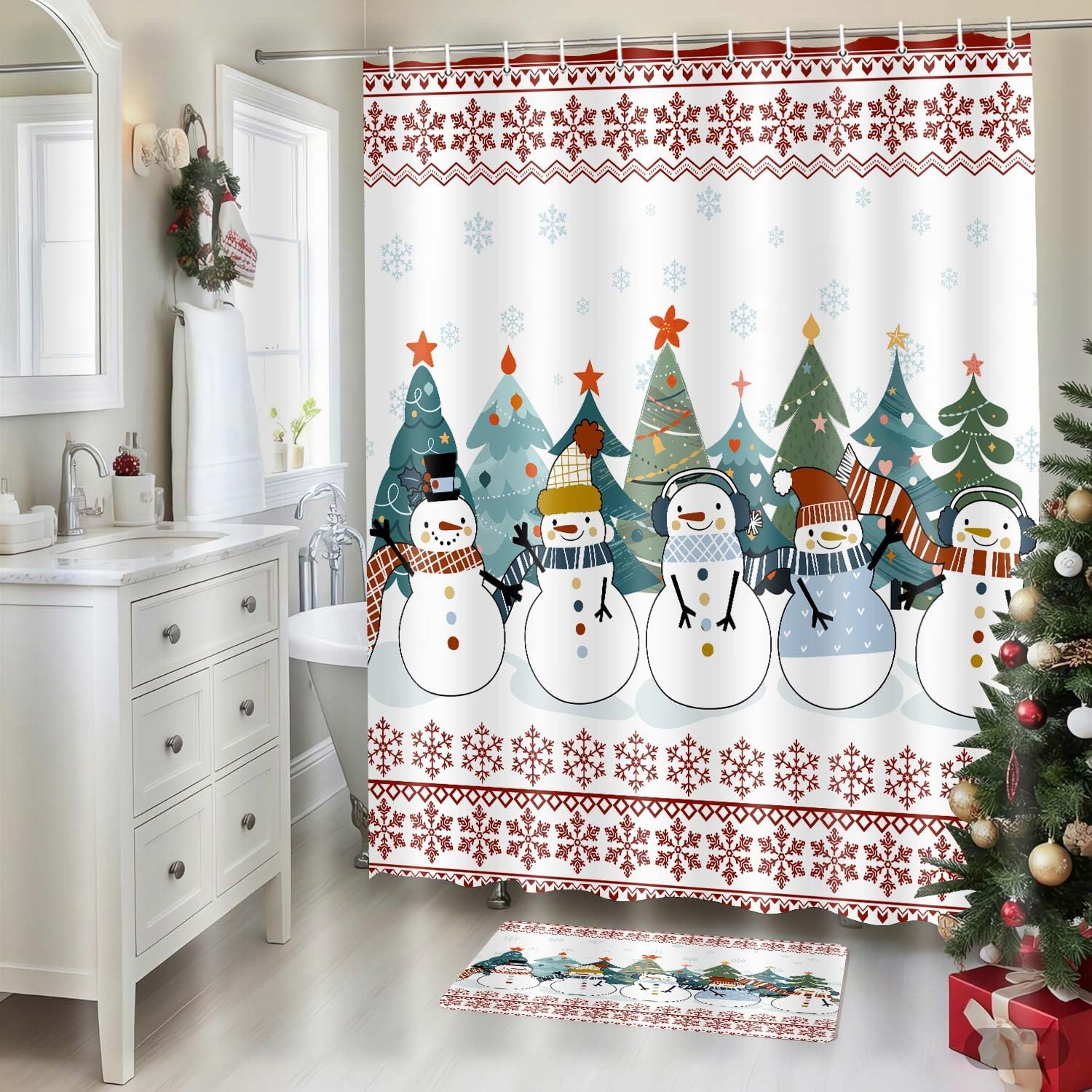 

Wathon Christmas Snowman Shower Curtain Winter Snowflake Red Bathroom Set, Funny Christmas Shower Curtains For Kids,Cute Snowman W60H190(CM)-1 Pcs