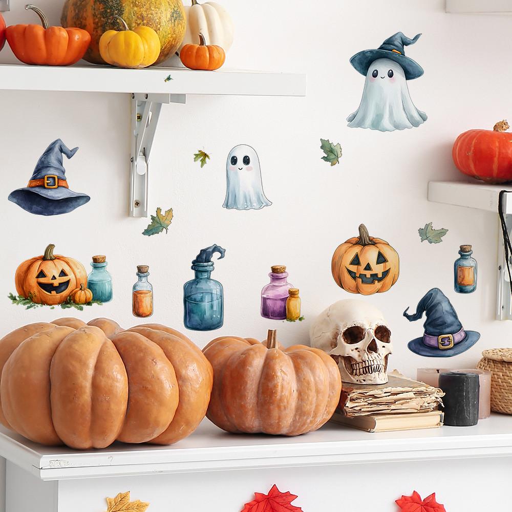 Cute Pumpkin Halloween Ghost And Witch Hat Living Room Home Decor Stickers Wall