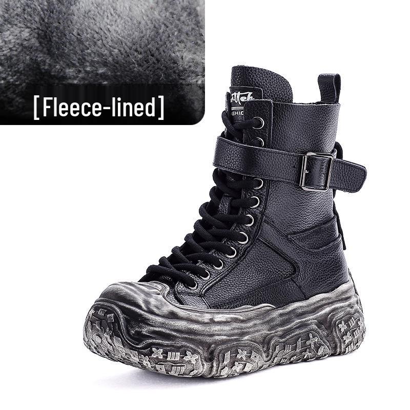 Damen Vintage Leder Motorrad Stiefeletten - Dicke Sohle, Martin Stil, Herbst/Winter Kollektion, Plus Baumwollfutter.