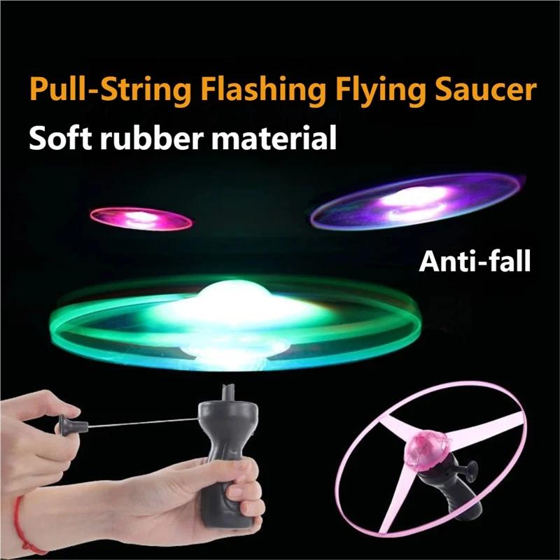 Pull-string Led Flashing Flying Saucer Toy, Light Up Ufo Spinning Disc, Outdoor Interactive Hand-powered Flying Toy For Kids
