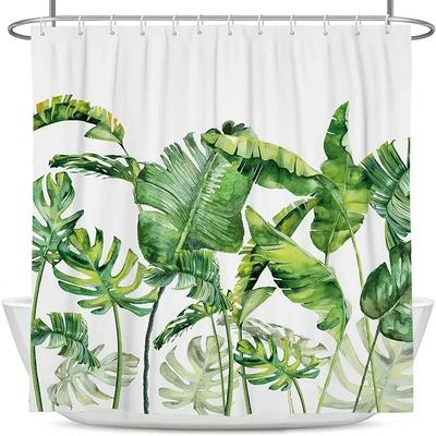 Tropical Leaves Plant Shower Curtain Green White Botanical Modern European Bathroom Polyester Fabric Waterproof Screen With Hook