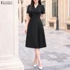 ZANZEA Women Casual Turn Down Collar Solid Color Short Sleeve Dress