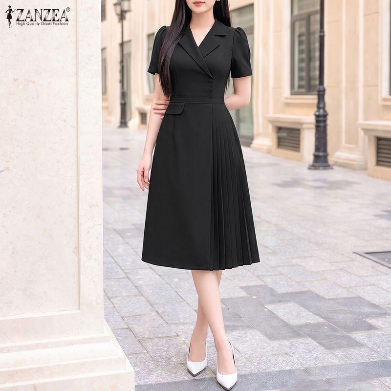 ZANZEA Women Casual Turn Down Collar Solid Color Short Sleeve Dress