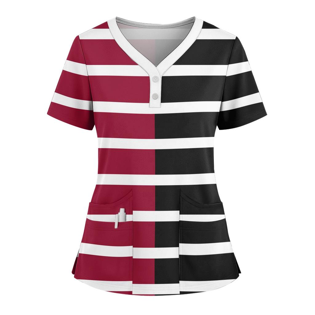 Women's Loose Short Sleeved Fashionable Square Printing V-neck Buttonable Side Slit Top T-shirt