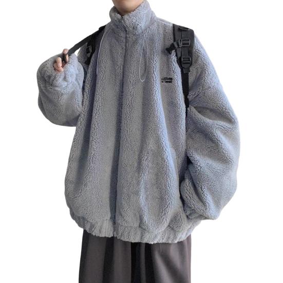 

Autumn Winter Men Coat Drawstring Stand-Up Collar Loose Fit Imitation Lamb Fur Jacket with Pockets Thickened Warm Outerwear M синий